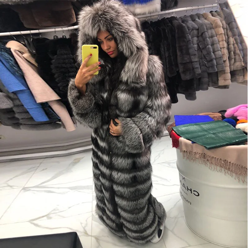 

Роскошное длинное пальто FURSARCAR из серебристого лисьего меха, повседневная женская куртка из натурального Лисьего меха, пуховая зимняя меховая капюшон, длинная плотная теплая верхняя одежда