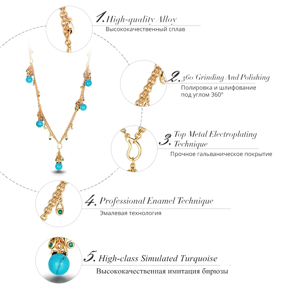 Viennois Gold Color Chain Necklaces For women Long Simulated Necklace Peacock Feathers Rhinestone Trendy | Украшения и аксессуары