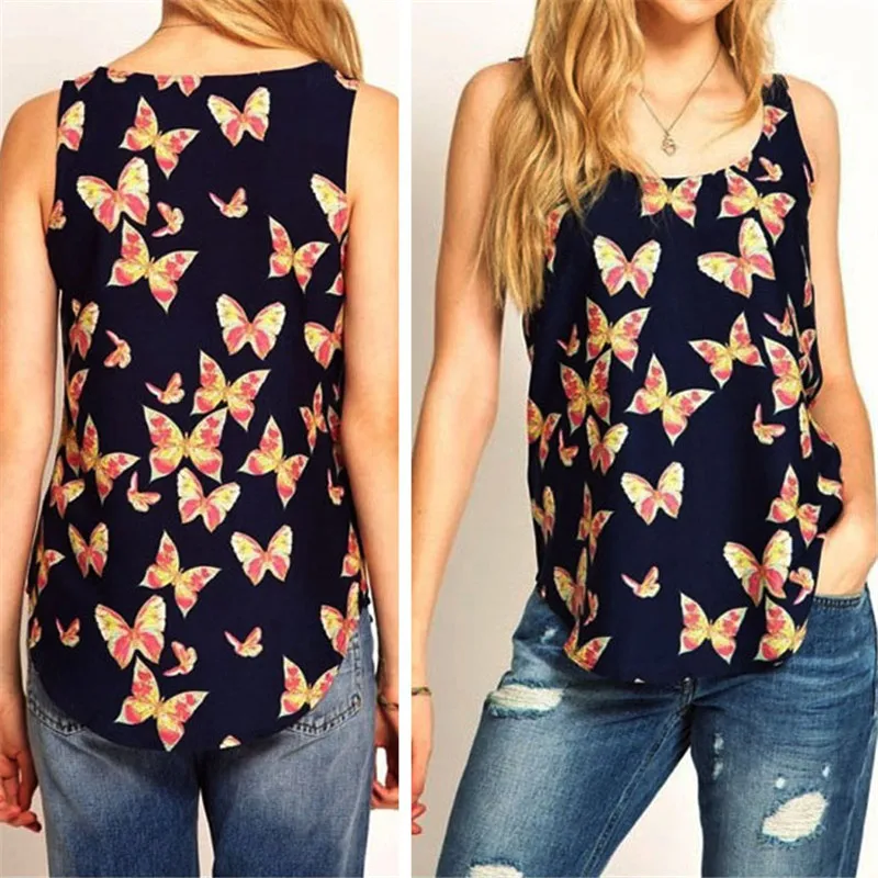 Женская шифоновая майка с принтом бабочки размеры до XXXL|blusas fashion|blusas plussleeveless chiffon |