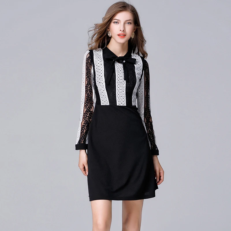 Женское платье мини с бантом черное или белое в полоску кружевным верхом и