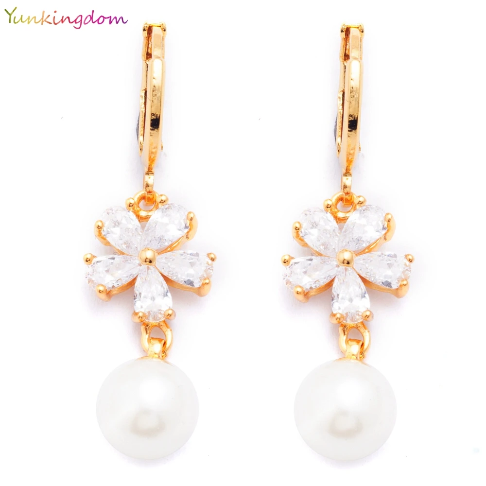 Yunkingdom NEW arrive eardrop ball Simulated pearl yellow gold color link earrings for women K1380|link earrings|earrings forearrings |