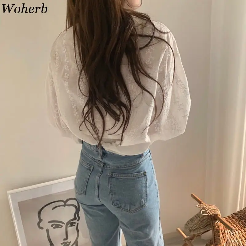 Woherb 2021 корейская модная одежда женские белые блузки и топы ажурные Цветочные