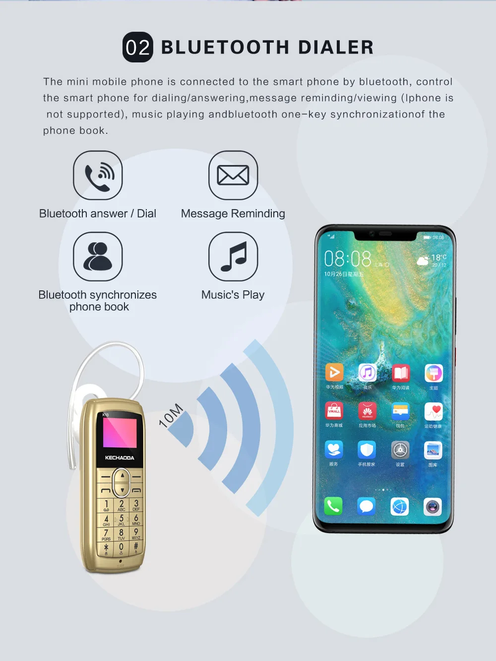 KECHAODA K10 Bluetooth гарнитура Мобильный телефон все-в-одном 0,6" MTK6261DA 32 Мб+ 32 Мб 250 мАч сотовый телефон