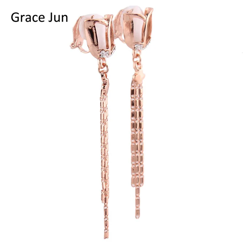 Бренд Grace Jun, высокое качество, длинные серьги-клипсы в форме цветка розы с кисточками, без пирсинга, для женщин, вечерние, свадебные, роскошные клипсы для ушей