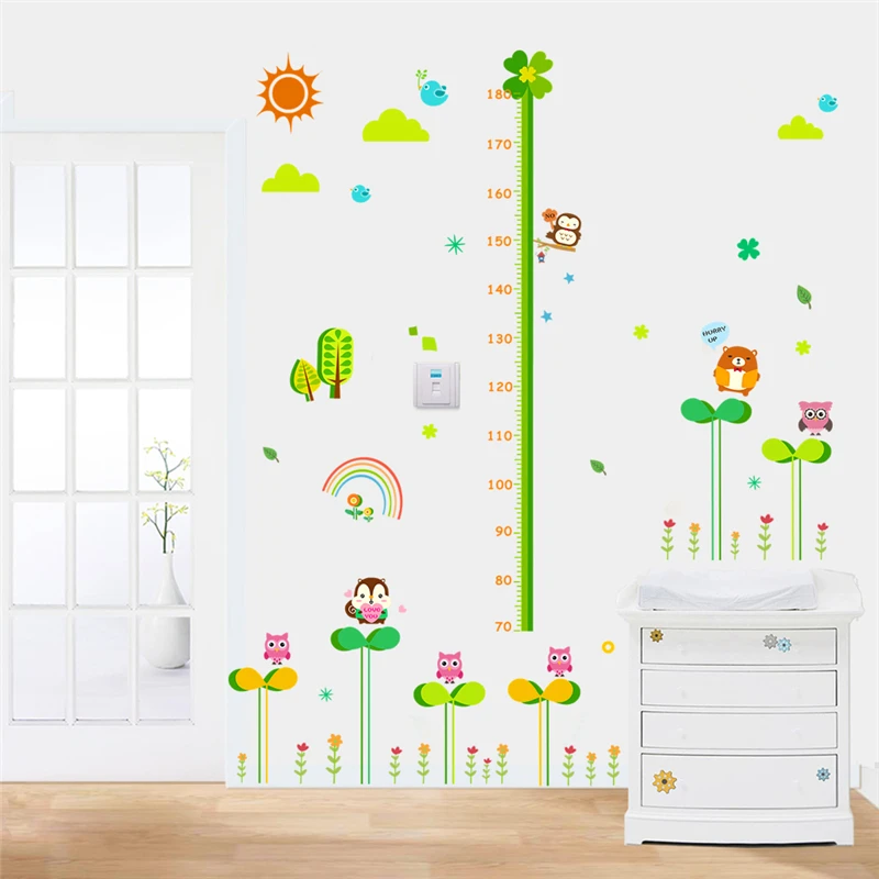 lovely owl squirrel birds flower height measure wall stickers for kids rooms cartoon animals growth chart decals art mural | Дом и сад