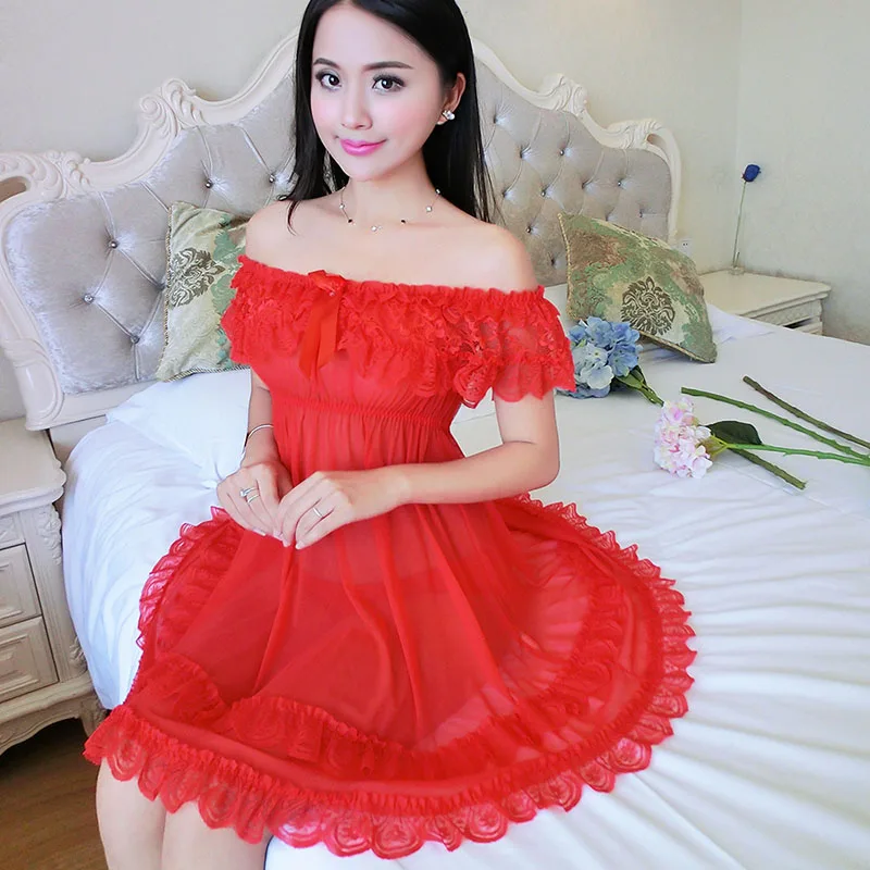 red Пижама женская домашняя одежда ночнушка ночная сорочка Новые женские пижамы Сексуальная кружевная ночная рубашка Нижнее белье росы плечо Ночное платье ночное белье Романтический очаровательный пеньюар ночная рубашка - Цвет: red