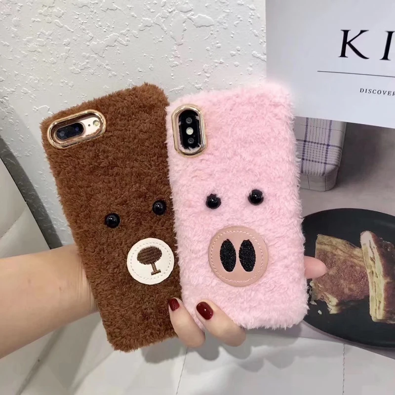 Пушистые меховые силиконовые чехлы для телефонов iPhone X 8 7 6S Plus милый медведь