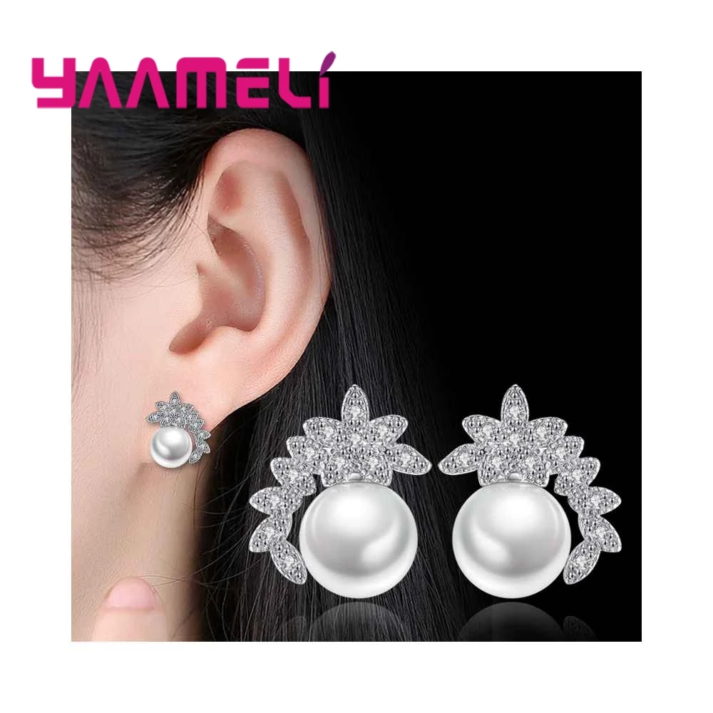 

Free Shipping Fashion Crystal and Pearl Stud Earrings For Women 925 Sterling Silver Woman Wedding Jewelry Wholesale