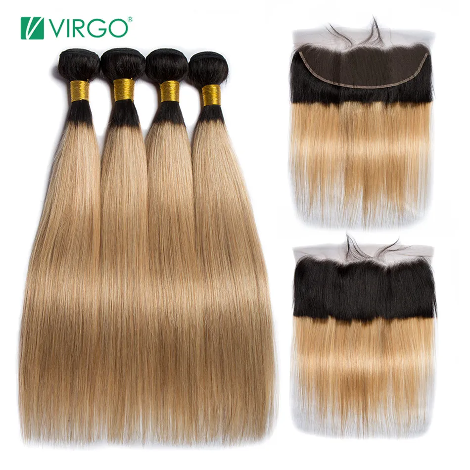 Virgo Ombre блонд пучки с фронтальной 1B/27 темных корней бразильские волнистые 3 шт Remy