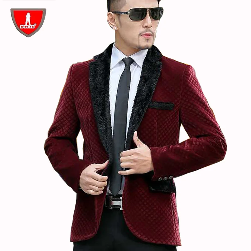 CCXO 2015 New Autumn And Winter Mens Gold Velvet Blazer Jacket Casual Men's Suits Plaid Wool Collar Slim Fit Suit Plus Size 5XL | Мужская