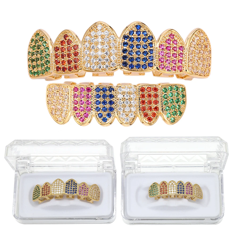 

MATHALLA New 6/6 Hiphop Multicolor Grillz Teeth Dental Mouth Pav AAA Cubic Zirconia Halloween Party Accessories Ladies Jewelry