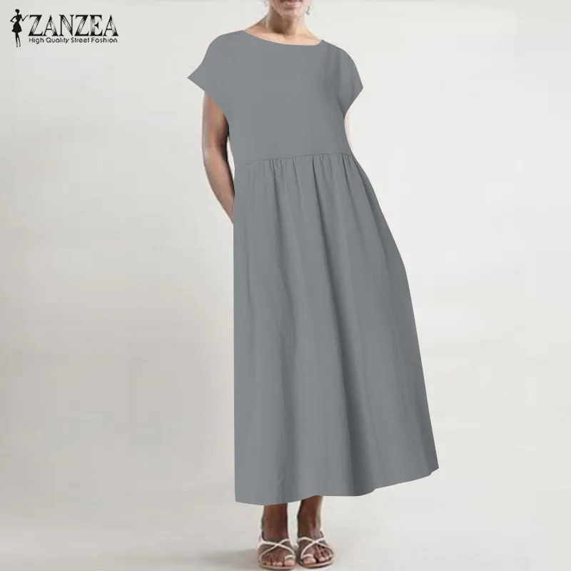 Short Sleeve Gray Женский льняной сарафан ZANZEA размера плюс летнее платье миди Повседневная рубашка с коротким рукавом с высокой талией плиссированное платье Femme - Цвет: Short Sleeve Gray