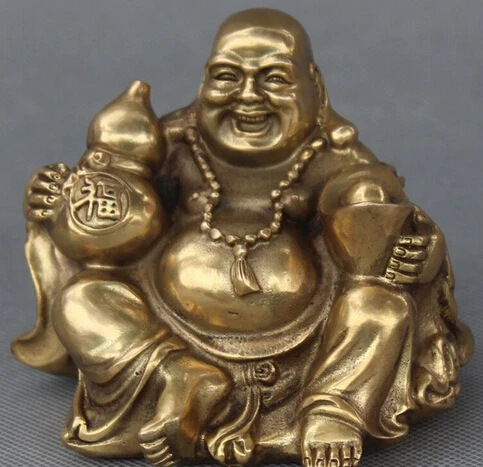 

Chinese Buddhism Bronze Wealth Gourd YuanBao Happy Laugh Maitreya Buddha Statue 10cm Free Shipping