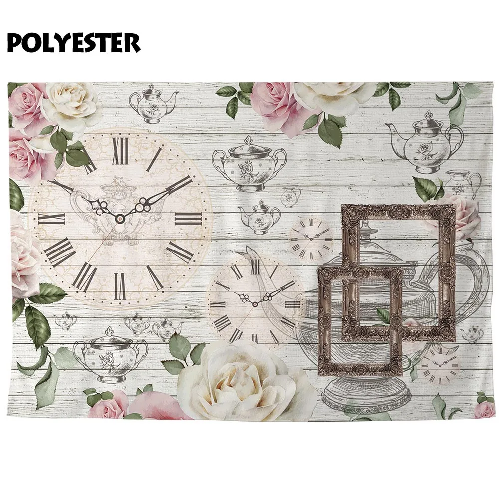 Allenjoy photography backdrop Tea party wooden board flower teapot clock background photo frame photobooth photocall props | Электроника