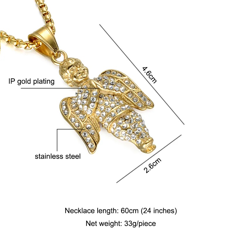 Хип хоп Ангел молитва подвески ожерелья Золото Нержавеющая сталь Bling Iced Out