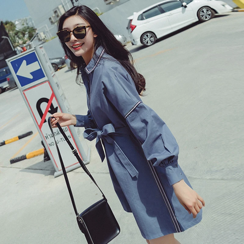 Женское платье рубашка средней длины в Корейском стиле с поясом и длинными