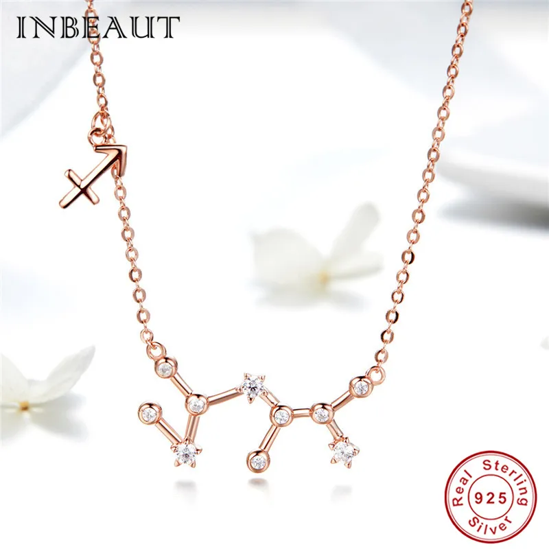 INBEAUT 925 пробы серебро розовое золото 12 созвездий весы Aries Циркон Стрелец с подвеской со знаком Рыб ожерелья для женщин - Окраска металла: snn019
