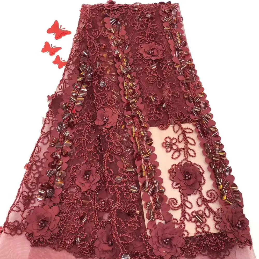 

Bridal Nigerian french net sequins laces fabric burgundy wine beaded African 3d flower tulle mesh lace embroidered fabric pearls