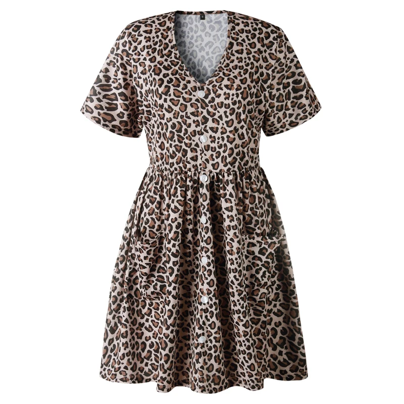 Женское платье с леопардовым принтом модное летнее коротким рукавом и v-образным