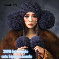 bomhcs cute girl winter warm knitted beanie 100 handmade hat with big poms caps