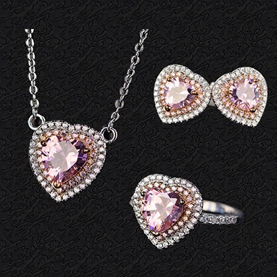 3 pcs PANSYSEN, роскошное сердце, розовый кварц, ожерелье, серьги, кольцо, ювелирные наборы для женщин, настоящее 925 пробы, серебро, свадебное ювелирное изделие - Цвет камня: 3 pcs