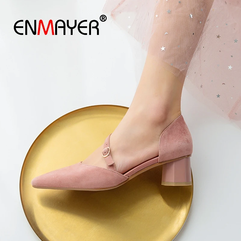 

Женские замшевые туфли Enmayer, повседневные туфли на среднем каблуке, с острым носком, размеры 34-39, LY2290, 2019