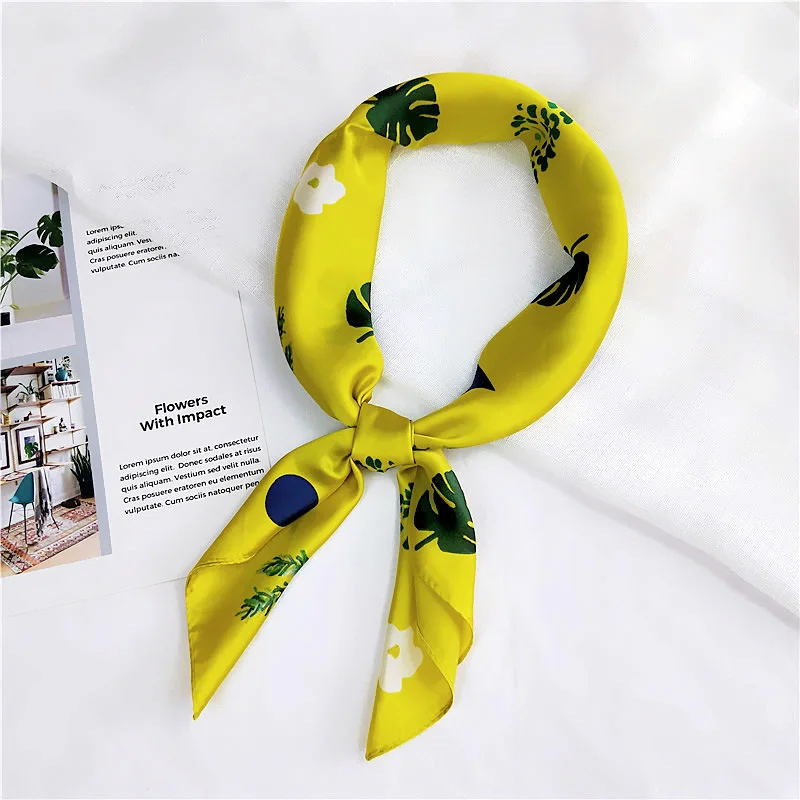 Fashion Green Hair Scarf Women Floral Leaf Print Kerchief Small Bag Scarfs Female 70X70cm Square Neckerchief Scarves For Ladies |