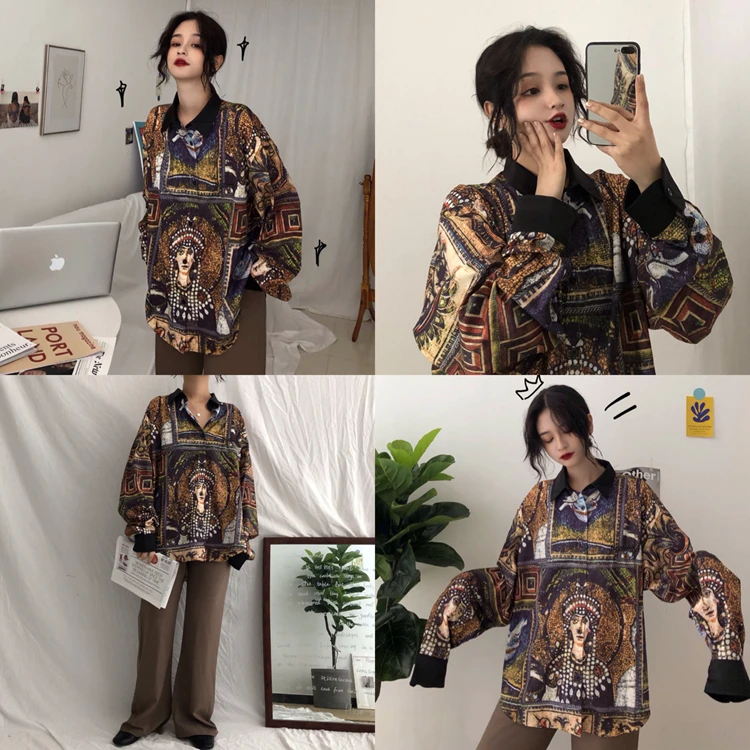 BF Harajuku уличная женская одежда блузки винтажная рубашка оверсайз с принтом