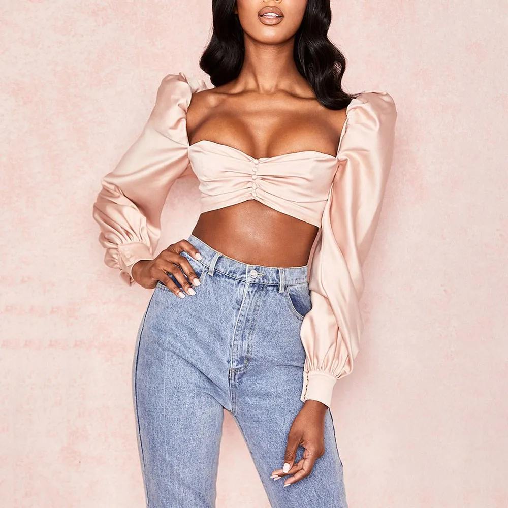 Женская плиссированная блузка на пуговицах укороченный топ с квадратным