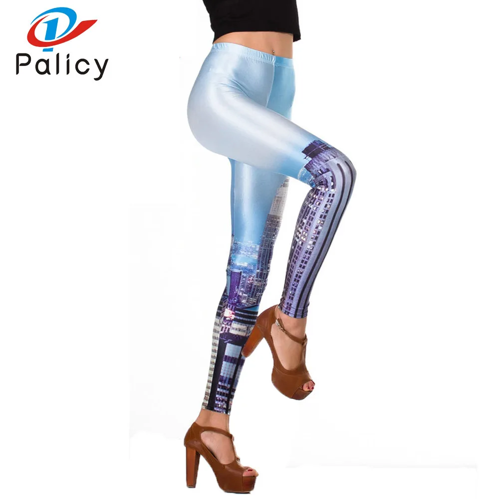 Palicy 2017 Thin Fitness Fashion 3D Print Leggings White City Life Women Mid Waist Breathable Trouser Slim Pants Stretch Casual
