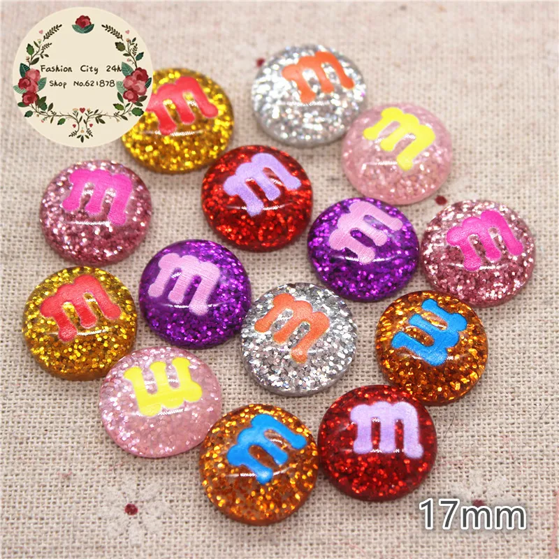 

20pcs Mix colors 17mm Cute Glitter Resin M Beans Round Flatback Cabochon DIY ornaments craft decoration