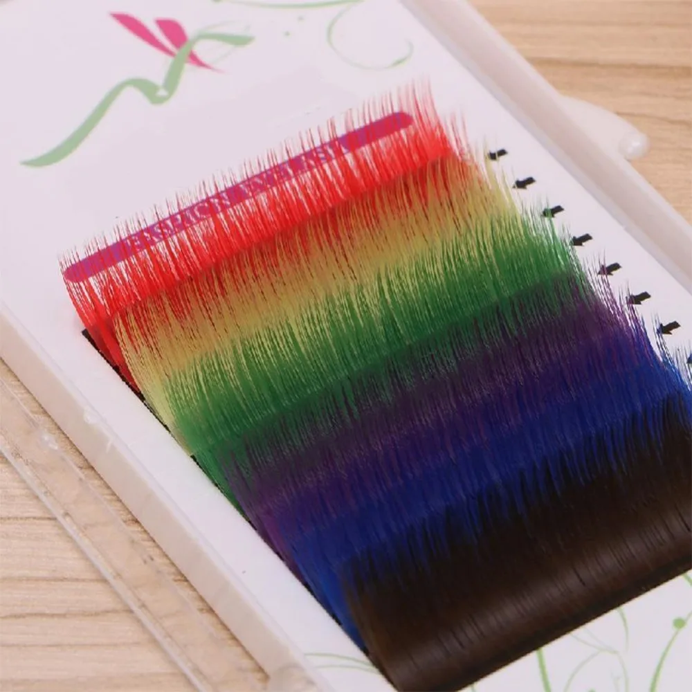12 рядов/лоток 6 цветов радуги 0.1 мм Красочные наращивания ресниц 100% ручной работы