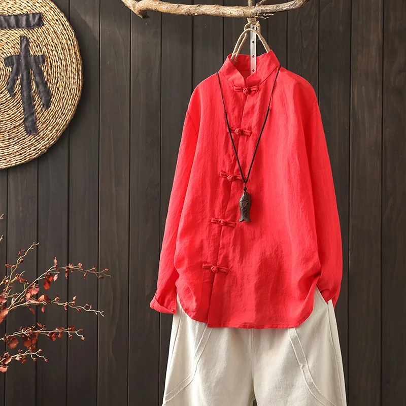 Женские китайские топы Женская весенне-осенняя рубашка с воротником-стойкой в