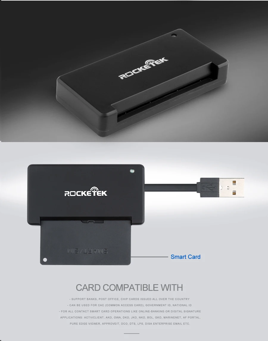 Rocketek USB 2,0 считыватель смарт-карт cac, ID банковская карта, sim карта cloner разъем cardreader адаптер ПК компьютер ноутбук аксессуары