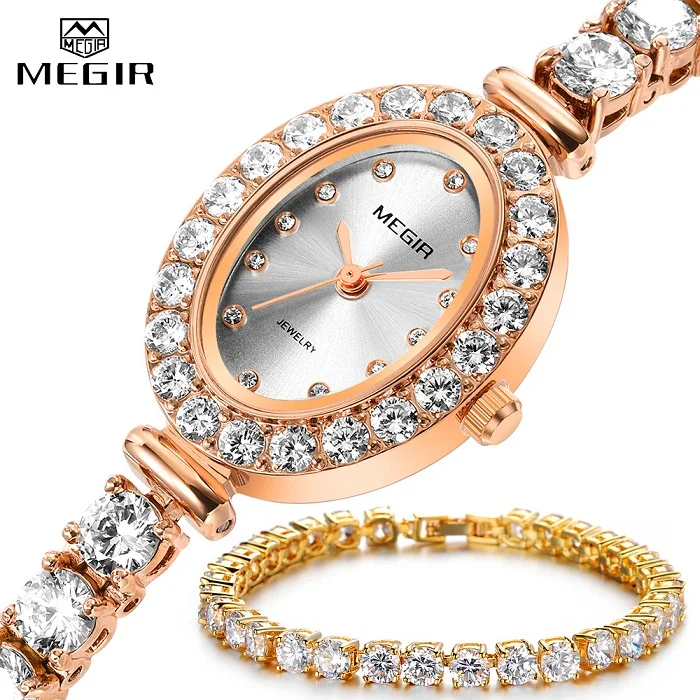Rose Watch Gold MEGIR роскошные женские часы-браслет из розового золота, модные ювелирные изделия, AAA кубический цирконий, Теннисный кристалл, кварцевые наручные часы для женщин - Цвет: Rose Watch Gold