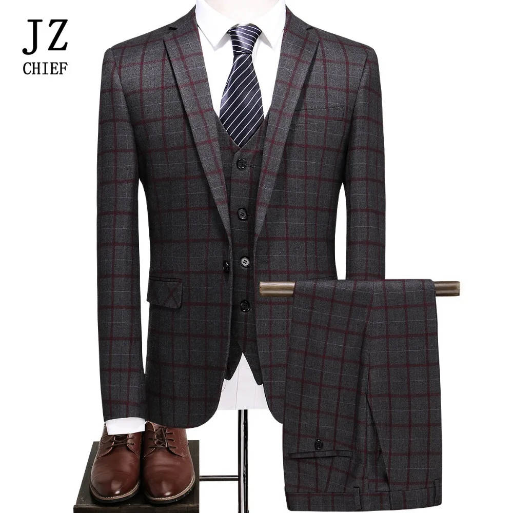 Men's Suits Formal 3 Piece Suit With Pants Vest Plaid Casual Blazer jacket Slim Fit Business Male Suits Flat Pants