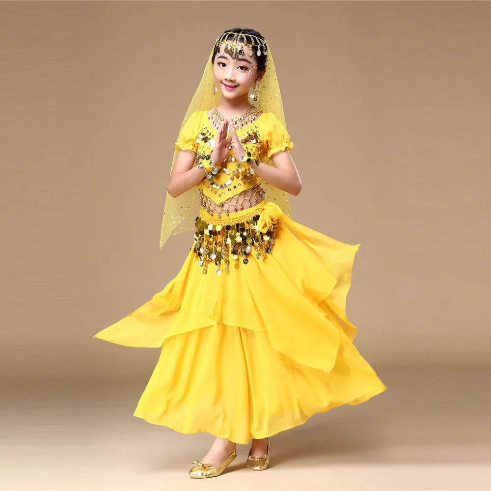 Baby Boys Summer Clothes Set Cotton Kids' Girls Belly Dance Outfit Costume India Top+Skirt Yellow F419 | Детская одежда и