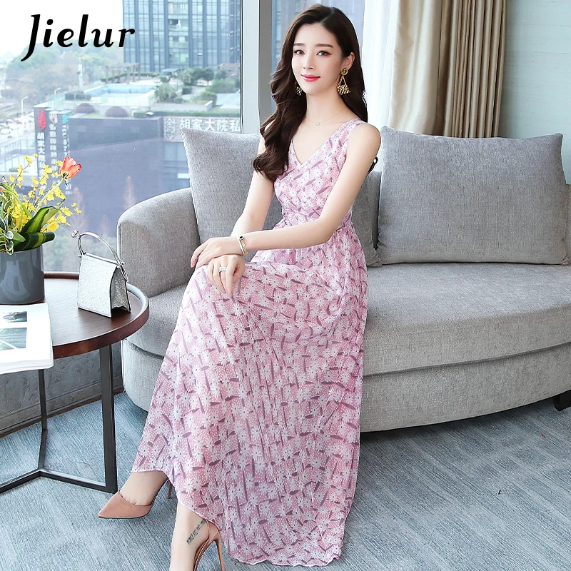 Jielur Boho женское платье с v образным вырезом без рукавов robe Femme розовые шифоновые