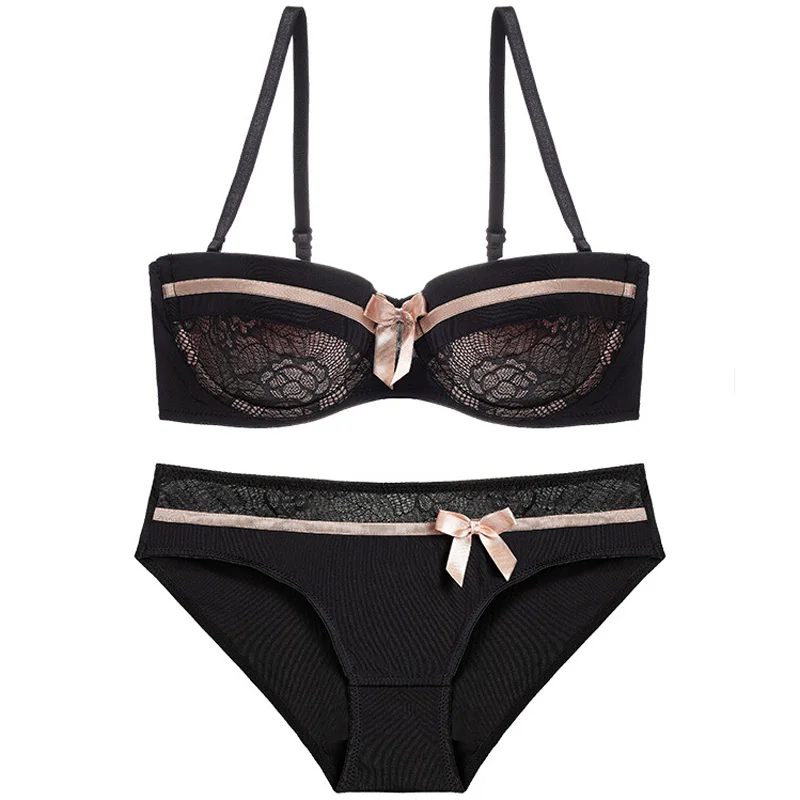 TERMEZY New Push Up Women Sexy Bra Set Intimates Lace Bow Lingerie Half Cup Underwear Set Underwire Thin Cup Bra And Panty Sets - Цвет: Beige