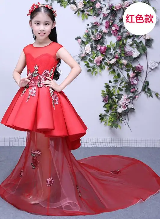 Baby girls elegant train lace dresses children satin pink purple red kids long tail evening gown party wedding christmas | Детская