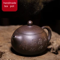 full handmade tea pot carved chinese characters marked xishi pot authentic yixing zisha pot of tea ball shaped infuser holes new