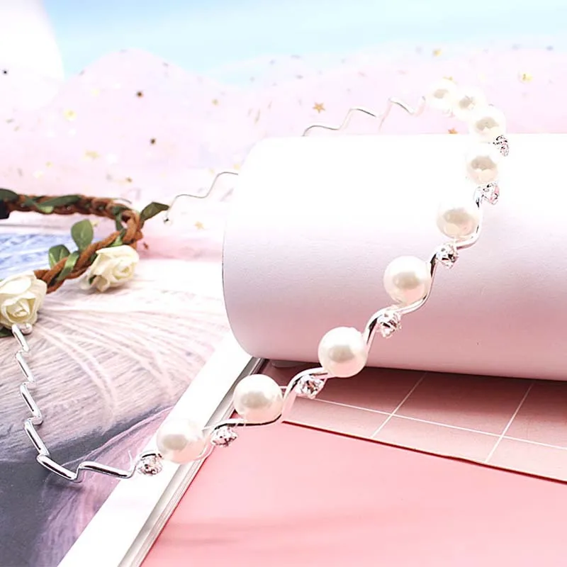 Korean Modis Elegant Metal Women Silver Golden Headband Girls Kawaii Pearl Hair Accessories Femme Crystal Hairband Headwrap |
