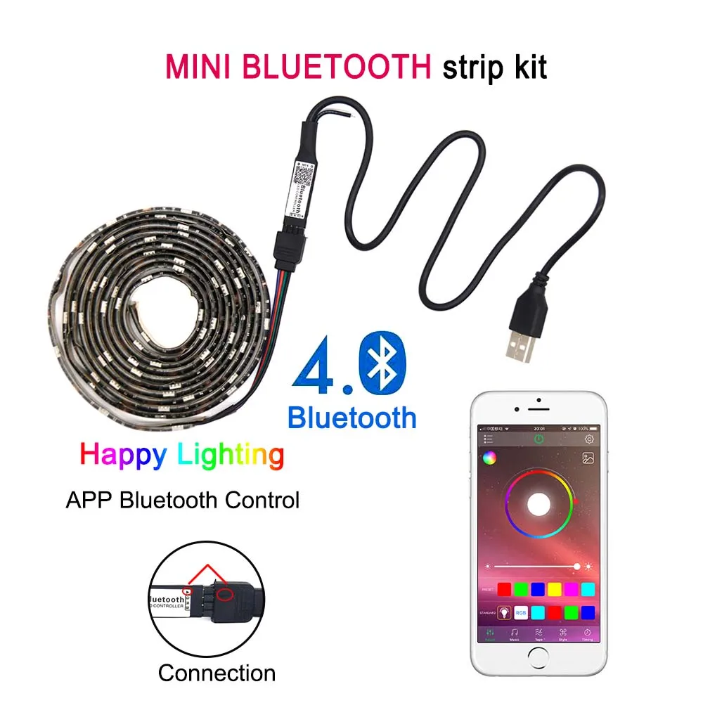 mini bluetooth kit USB светодиодный полосы 5050 DC5V RGB 50 см, 1 м, 2 м, ТВ фонового освещения Flexibe светодиодный клейкая лента ip20/IP65 Водонепроницаемый 50 см 1 м 2 м - Испускаемый цвет: mini bluetooth kit