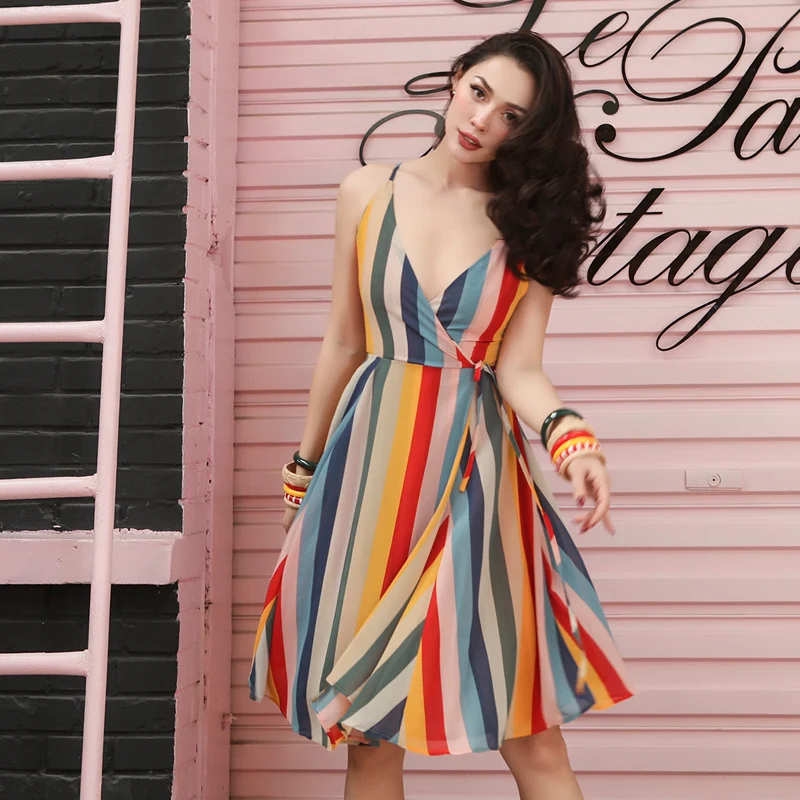 Женское пляжное платье в стиле ретро Радужное шелковое для отдыха путешествий и