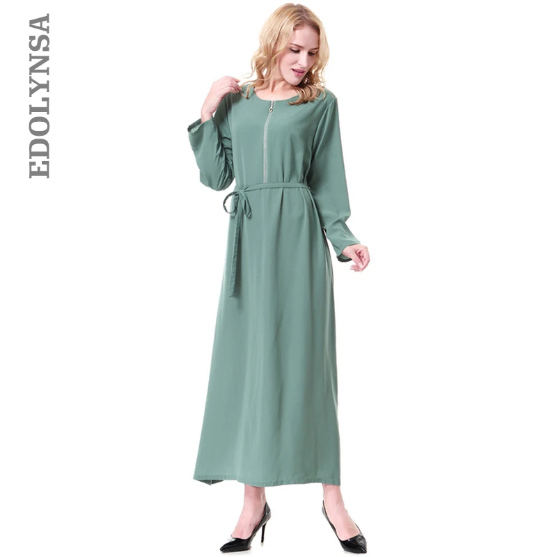 Однотонное шифоновое мусульманское платье с молнией и длинным рукавом Макси