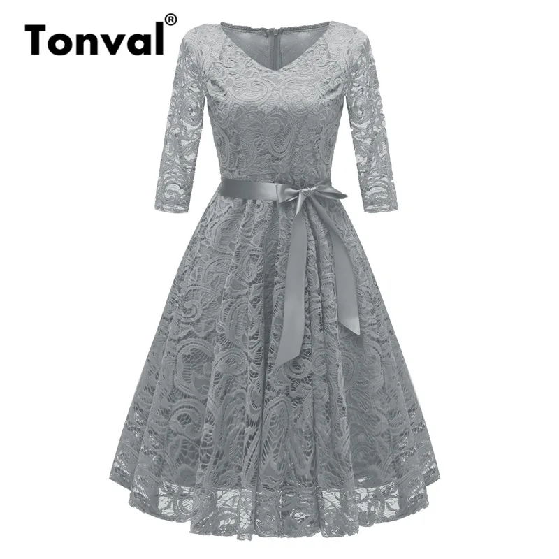 Серый Tonval, винтажное темно-синее кружевное платье с цветочным рисунком, женские вечерние платья с поясом в стиле ретро, женское платье с рукавом 2/3 - Цвет: Серый