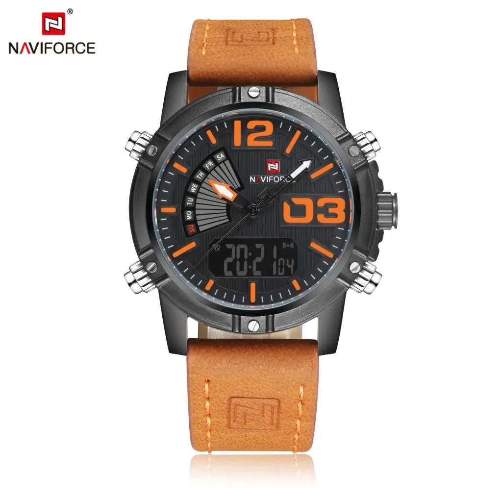 Black Orange Топ люксовый бренд NAVIFORCE мужские спортивные часы водонепроницаемые кварцевые часы мужские модные кожаные Наручные часы Relogio Masculino - Цвет: Black Orange