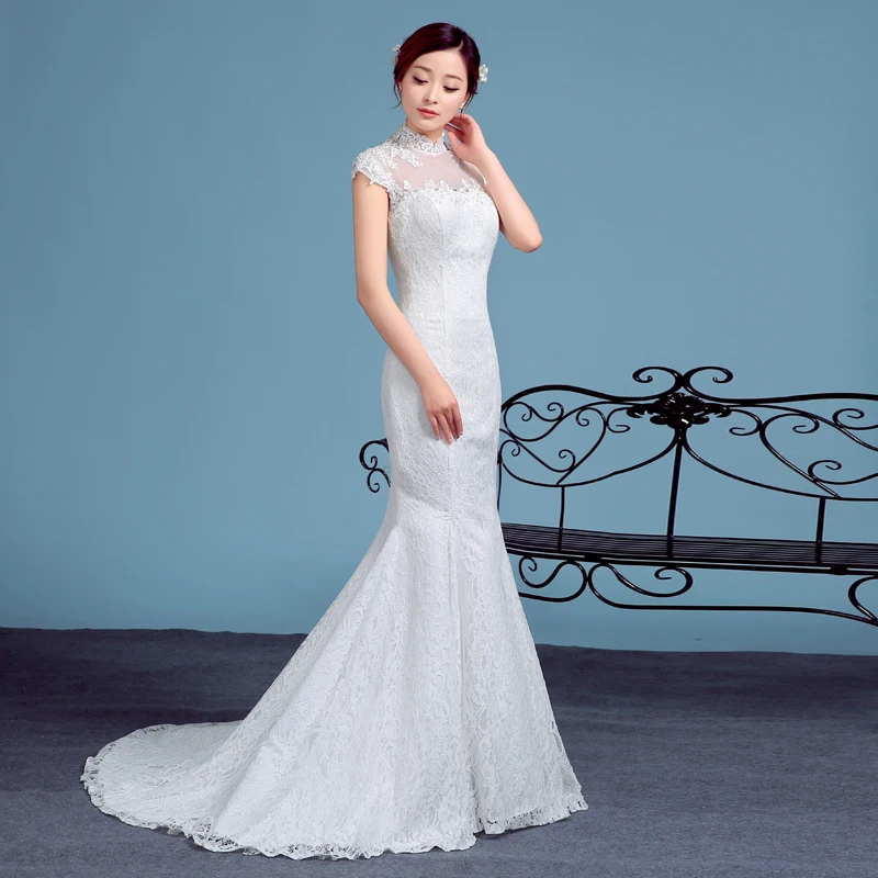 Женское кружевное свадебное платье с юбкой годе винтажное открытыми плечами