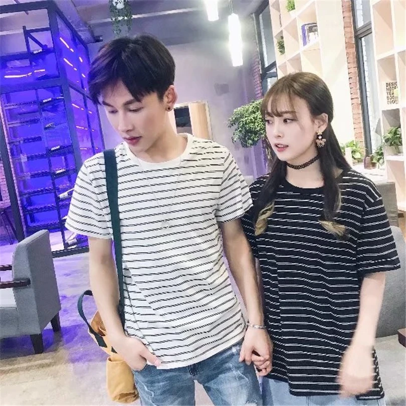 

Yaffa Tamin Casual Couple T-Shirt Summer Women Man Fashion Stripe Design Tops O-Neck Short Sleeve Lover Tees Female Male Shirt