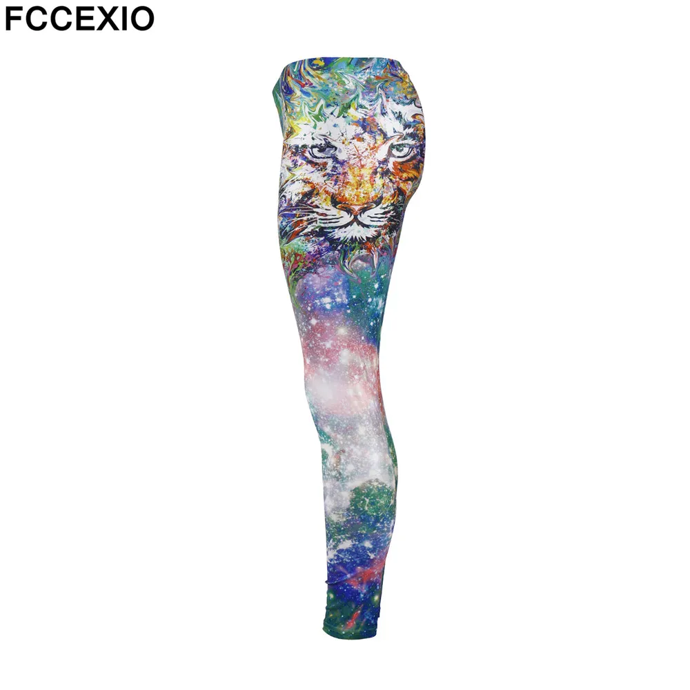 FCCEXIO New Women Leggings Galaxy Tiger Head Printed Workout Legging Colorful Fitness Leggins Puls Size Fashion 3D Pants | Женская